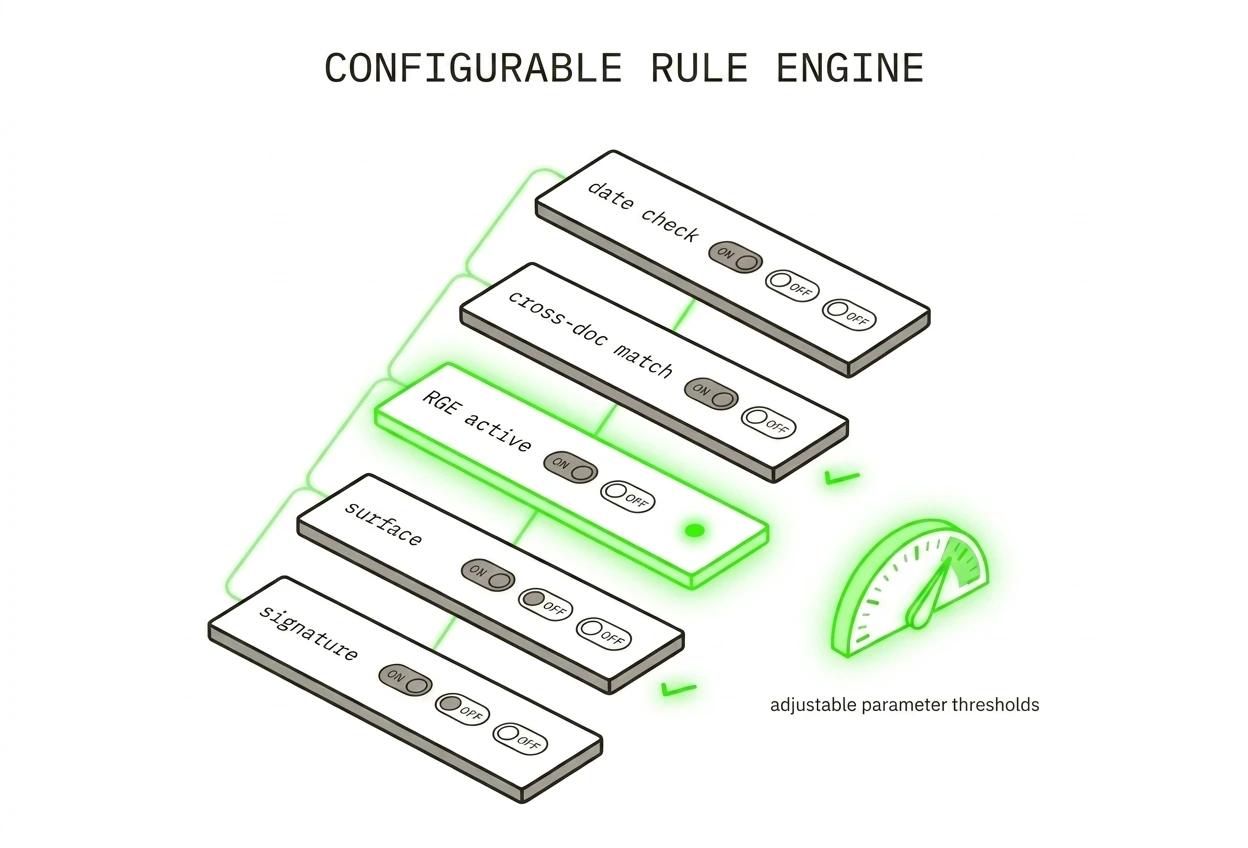 Configurable rule engine: date checks, cross-doc match, RGE active, surface, signature.
