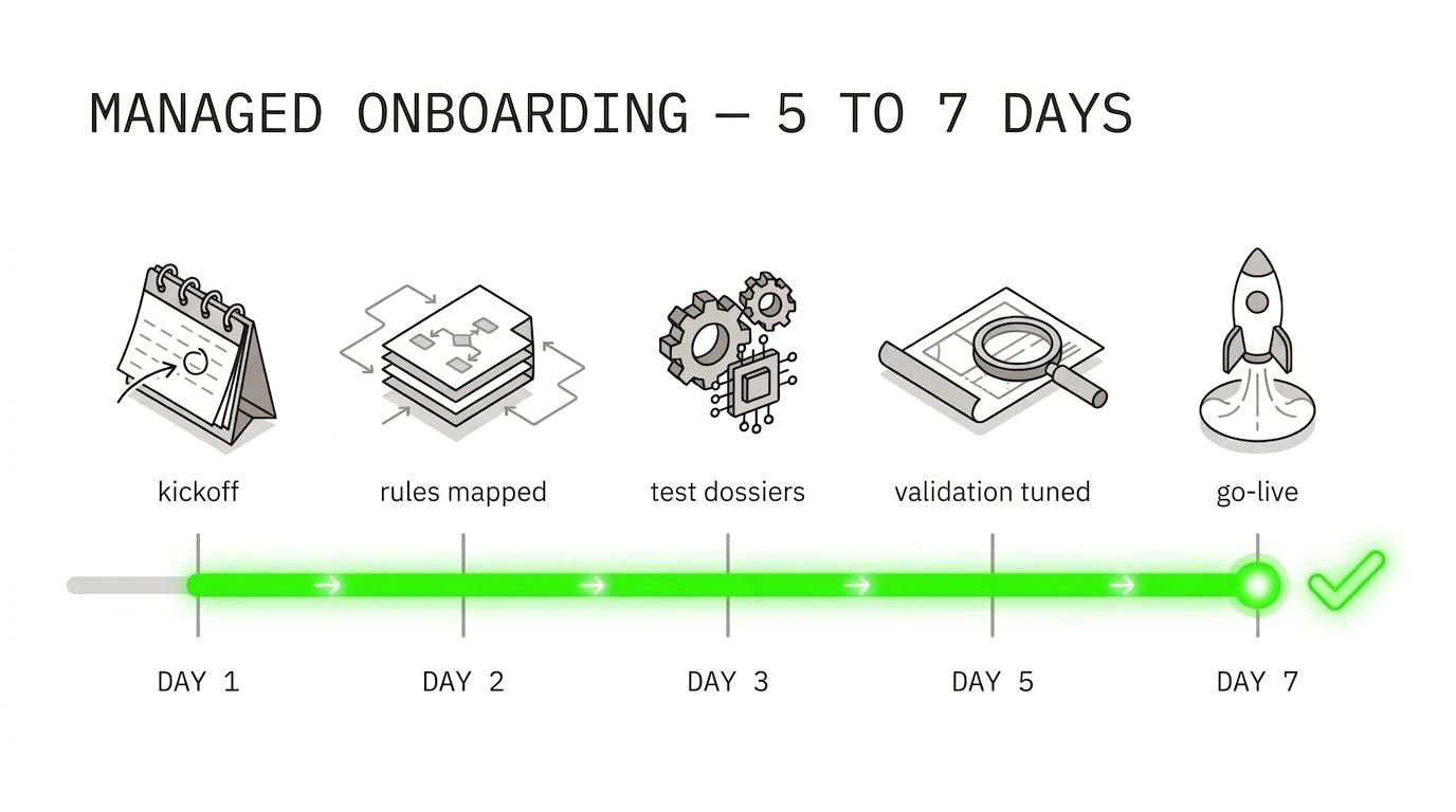 Managed onboarding timeline — 5 to 7 days from kickoff to go-live.